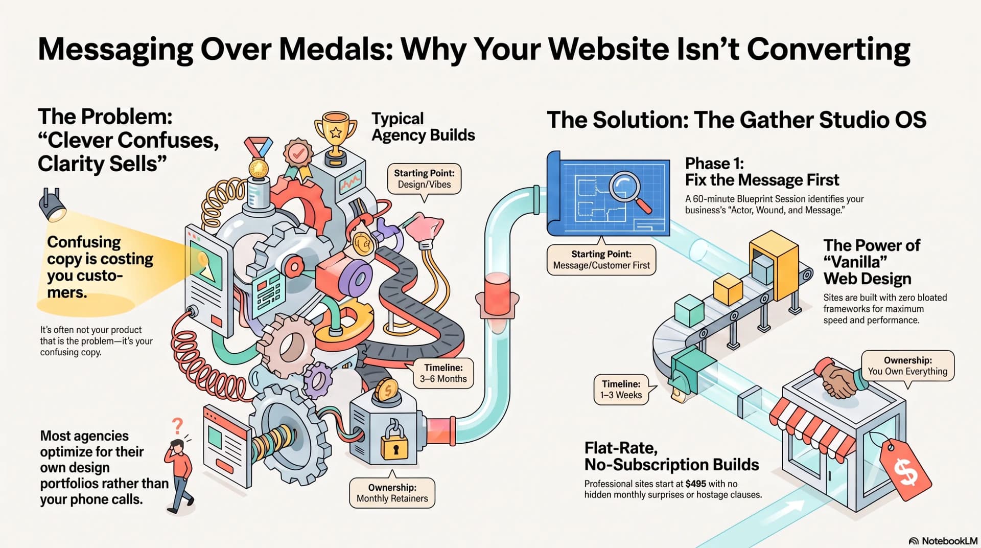 Messaging Over Medals: Why Your Website Isn't Converting — The Gather Studio OS vs. typical agency builds